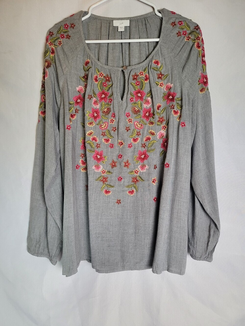 J.Jill Cascading Flowers Embroidered Boho Peasant Top Gray Women's Size Large